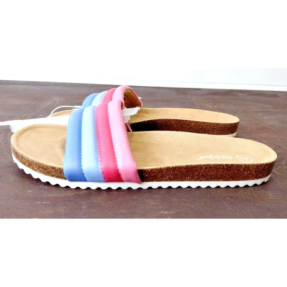 Cat Jack Kids Girls Slides Size 3 Rainbow Straps Cork‎ Footbed Sandals NWT